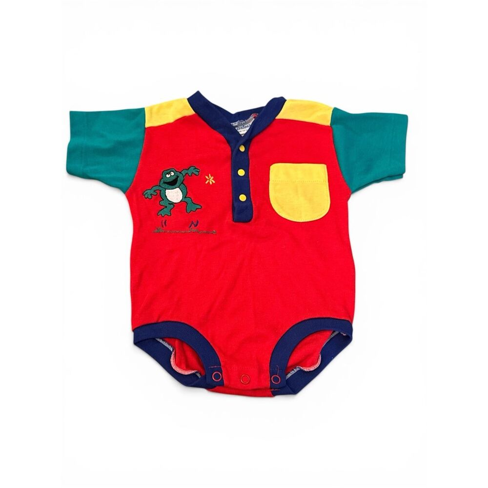 CARTER'S Vintage 90s Made In USA Frog Embroidered Colorblock Baby Romper